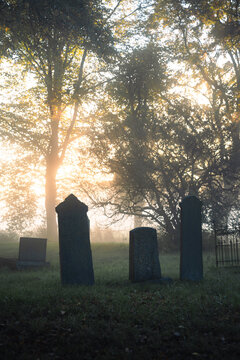 Tombstones at a graveyard on a foggy, autumn morning.
