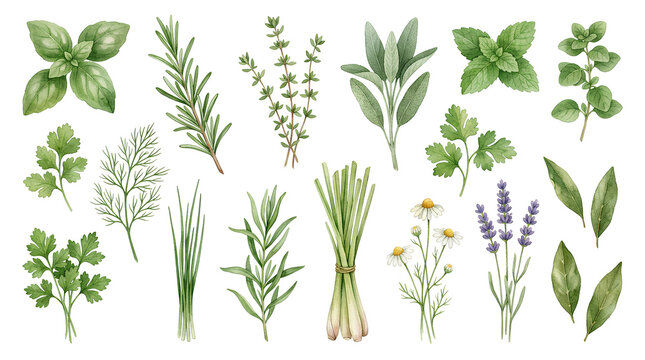 Diverse collection of fresh green herbs and foliage for culinary or decorative use