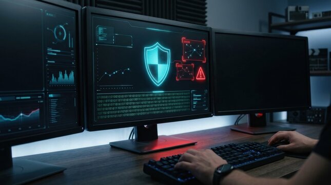 Cyber security professional monitoring security systems on multiple computer screens