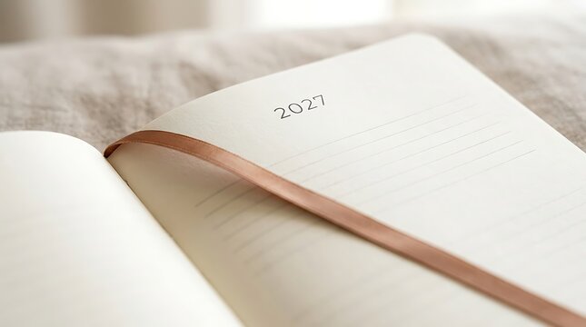 An open personal planner with blank lined pages featuring the year 2027 and a ribbon bookmark resting on a table
