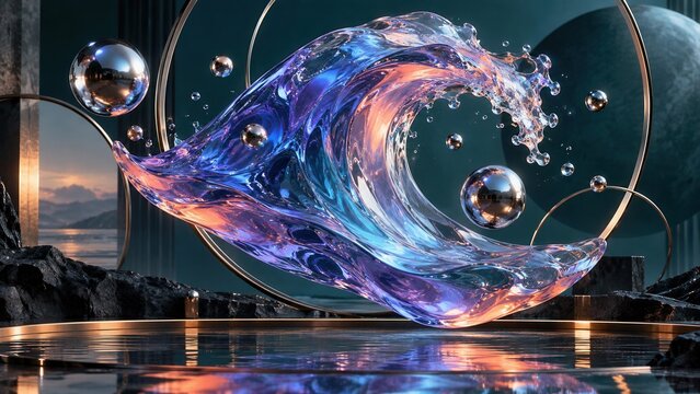 Abstract luminous glass wave with metallic spheres and blue orange reflections in a futuristic dark scene