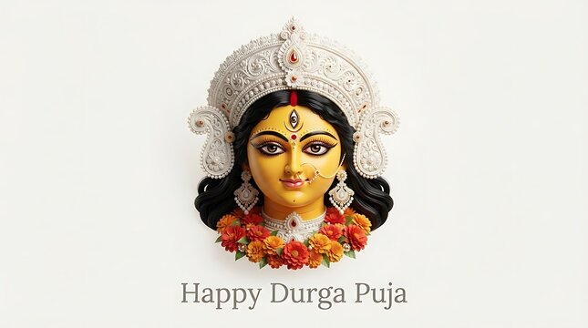 Goddess durga face with traditional crown and floral garland isolated on white background