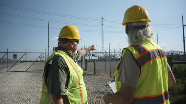 Two utility workers review a clipboard with notes pointing to towers beside a fenced electrical substation