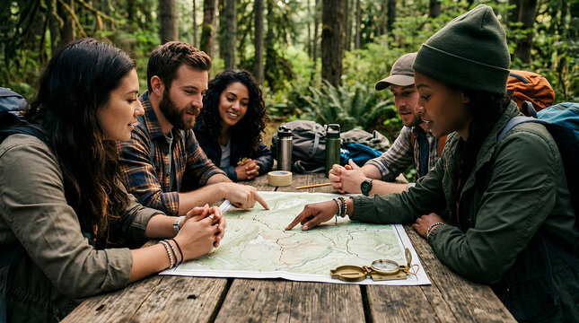 group of diverse friends planning outdoor adventure with map in lush forest setting