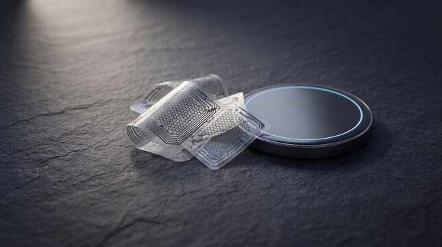 Transparent flexible graphene neural sensor patches resting beside wireless induction charging disc on slate
