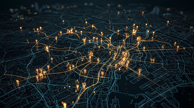 Futuristic digital city map with illuminated nodes and interconnected data points highlighting urban network complexity at night