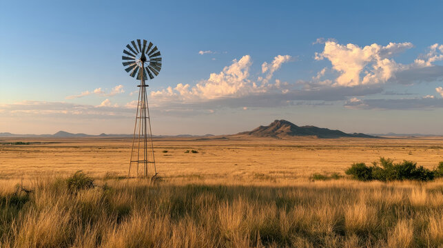 rustic vintage windmill water pump golden dry grass prairie field landscape mountains blue sky cumulus clouds background rural countryside farm ranch south west american desert horizon scenery