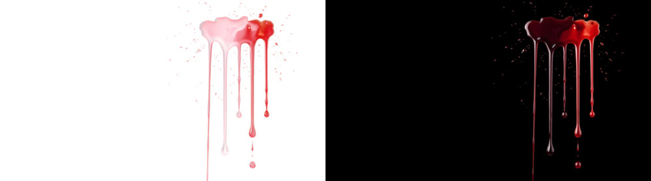 Blood splatter with long glossy red drips and scattered tiny droplets running downward for horror and crime designs in PNG, Transparent and Black Background Versions