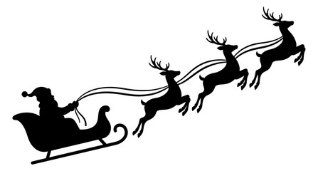 Black silhouette of santa claus driving a flying sleigh pulled by reindeer isolated on white background © Anik