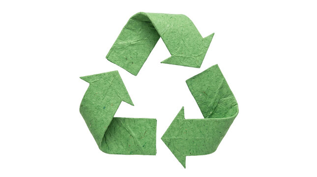 Green recycling symbol made from recycled paper texture isolated on white background