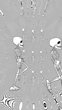 Seamless vertical video psychedelic walking skulls painted drawn style cartoon in black and white. Hypnotic Halloween background with wave with marker stroke effect 