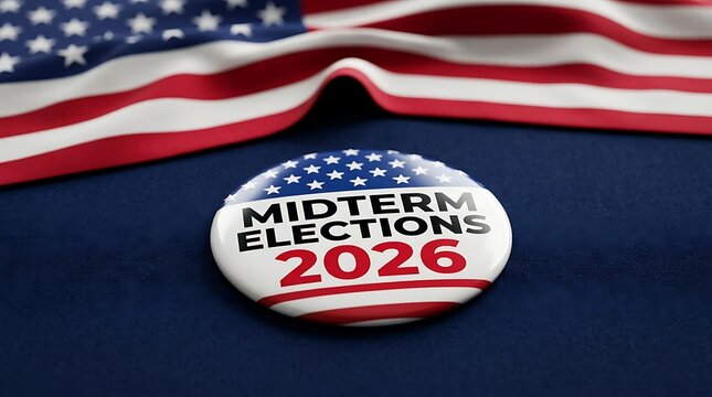2026 Midterm Elections campaign button with United States flag background, representing American political voting and democratic civic participation concept