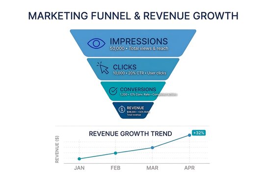 Marketing funnel diagram displaying impressions clicks conversions and revenue growth with a trend line chart with infographic illustrates progression optimization analytics