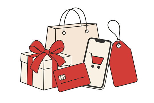 Gift boxes with red ribbons for holiday shopping and special offers