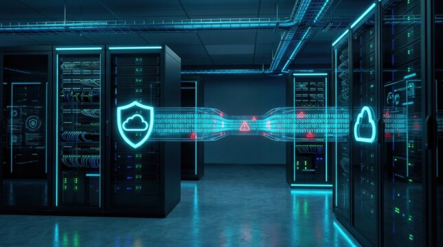 Cloud computing security and data protection concept with digital shield icon in server room