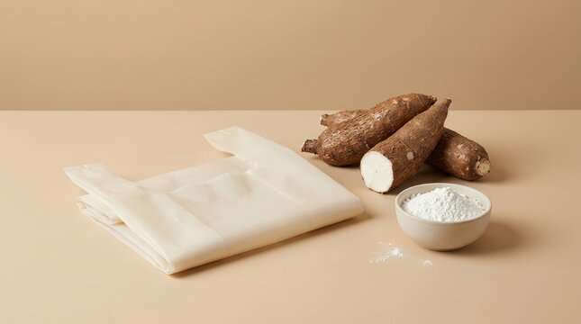 Fresh cassava roots, tapioca flour, and translucent sheets on a beige background for culinary use