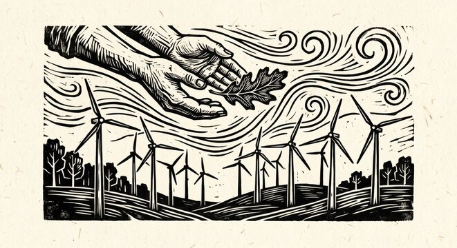 Woodcut hands releasing leaves over wind turbines, net zero carbon target, wind energy, climate action and environmental policy
