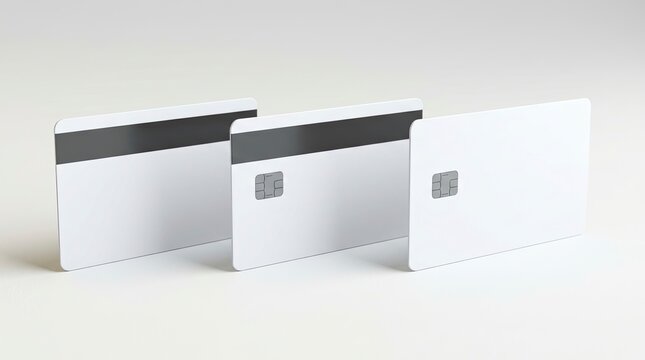 Set of three blank white credit card mockups with EMV chips and magnetic stripes standing on a white background