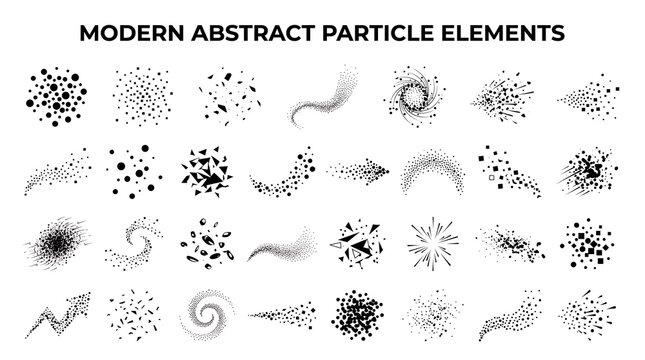 Vector set of black abstract particle elements, dots, spray textures, and graphic design shapes on white background