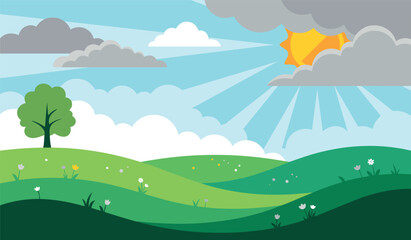 Obraz premium Natural Landscape Vector Illustration with Green Hills Tree Flowers Sun Rays and Clouds for Spring Summer Eco or Background Designs