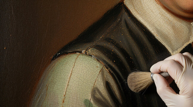 Restoration of old canvas portrait with brush and gloved hand