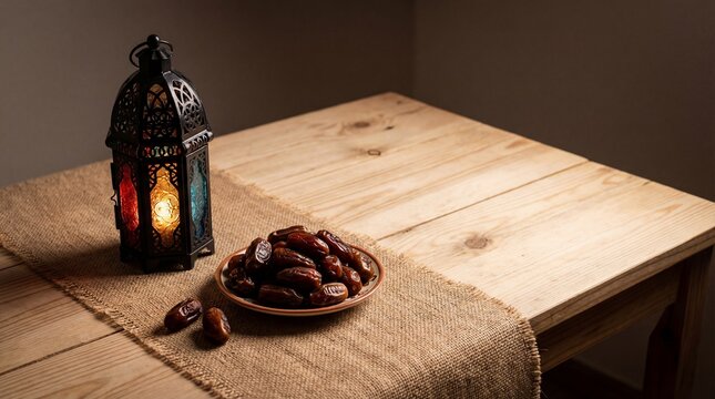 A traditional decorative lantern and a plate of sweet dates on a rustic wooden table for the celebration of Ramadan Iftar evening feast