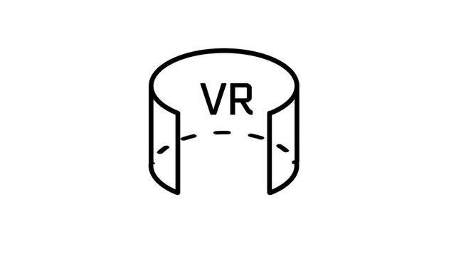 Black line icon of a cylinder panorama frame with VR text and dashed lines symbolizing virtual reality space, immersive room and surround display