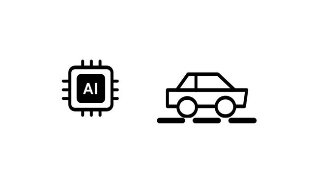 Black line icon of an AI microchip beside a car on a dashed road representing autonomous driving, self driving vehicles and smart automotive tech
