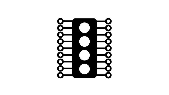 Black icon of a multi core processor with round cores and connector pins on both sides symbolizing memory banks, computing power and engine hardware
