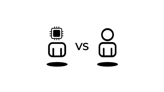 Black icon of an AI robot person with a chip head versus a regular human person with the letters vs symbolizing artificial intelligence comparison