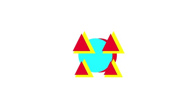 Abstract geometric graphic of red triangles with yellow outlines around a cyan circle with a glitch offset effect for logo, banner and modern design