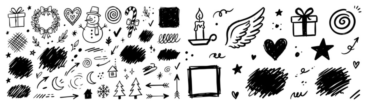 Christmas doodles and winter elements with snowman and gift and candle in hand drawn sketchy style