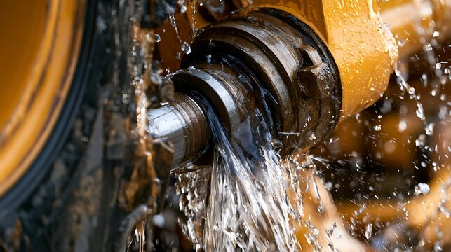 Industrial CNC milling machine cooling liquid splashing during metal part manufacturing process.