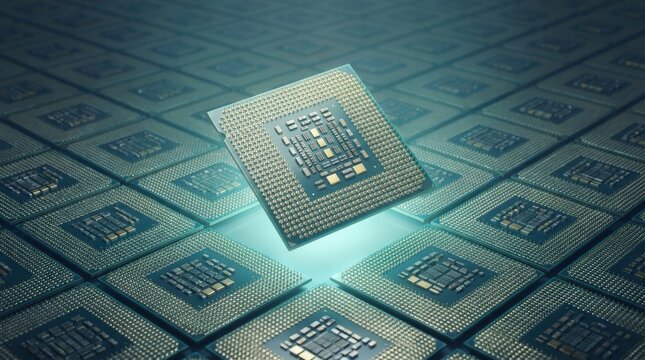 Central Processing Unit Microchip Floating Above Array of Similar Processors.