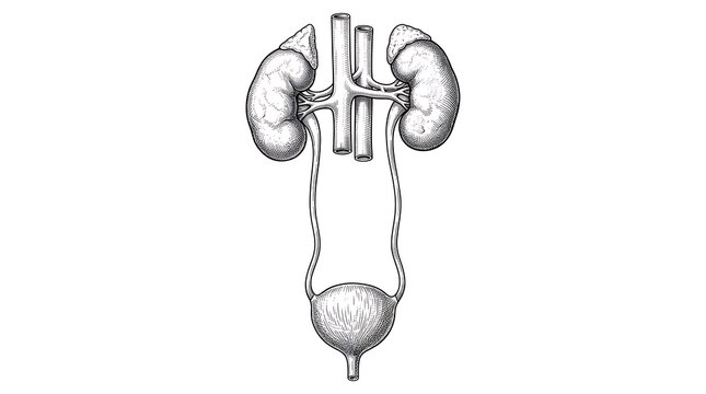Detailed anatomical illustration of human urinary system including kidneys, adrenal glands, ureters, and bladder in vector line art style