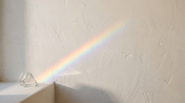 Glass prism on plaster ledge casting soft diagonal rainbow spectrum across a textured lime plaster wall