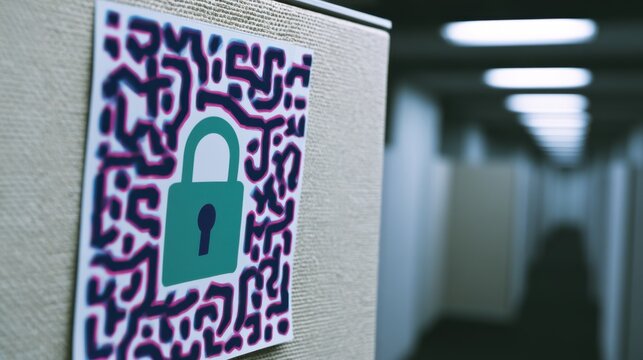 Cybersecurity awareness poster with lock icon on office cubicle wall