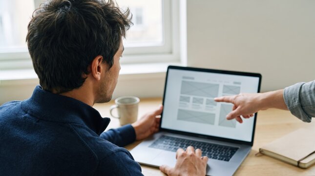 Generative AI, Colleagues reviewing a website wireframe on a laptop