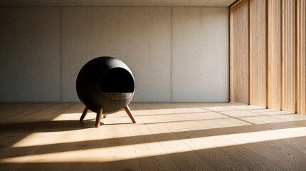 Fototapeta premium Minimalist modern living room with spherical black fireplace on wooden floor. Warm sunlight creates long shadows from timber slats. Contemporary interior design features concrete walls, zen aesthetic