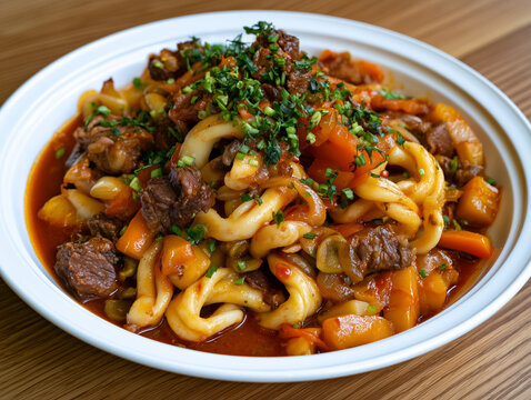 Laghman noodles with beef and vegetables in a white bowl