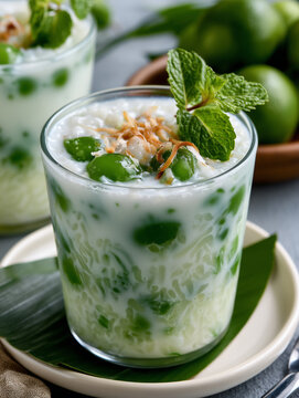 Lod chong dessert with coconut milk and pandan flavor