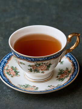 Black tea in elegant porcelain teacup with floral pattern