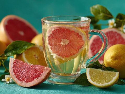 Refreshing citrus fruit infusion with grapefruit lemon and lemon slices in clear glass cup on colorful background