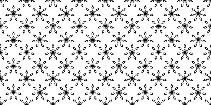Minimalist black-and-white seamless geometric floral pattern with starburst and petal motifs. High-resolution abstract texture