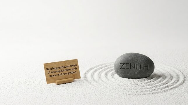 Zen stone with zenith inscription on raked sand with motivational card