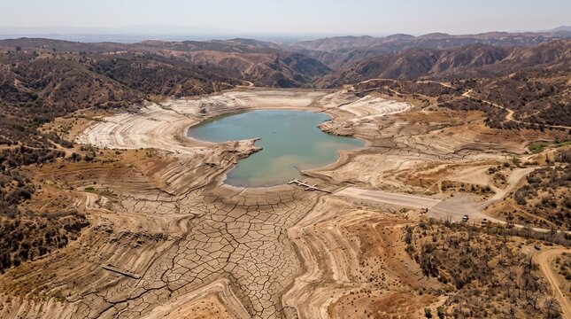 Aerial view of a shrinking reservoir with cracked dry earth during a