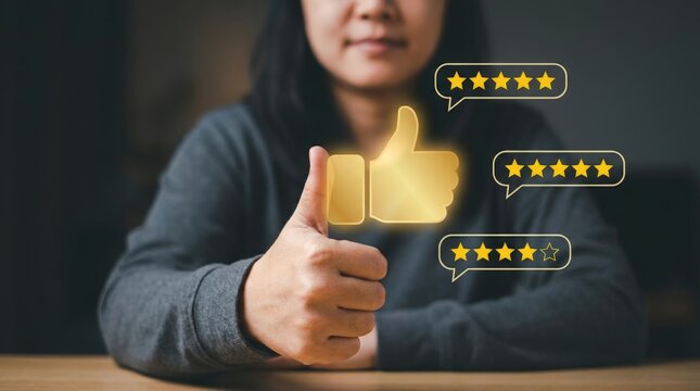 Customer satisfaction with positive feedback and thumbs up gesture.