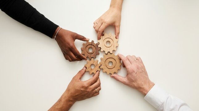 Four hands connect wooden gears in a circle