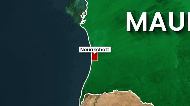 Digital map zoom in highlighting Nouakchott capital of Mauritania