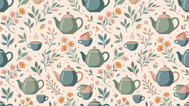Repeating pattern of teapots and teacups with delicate floral branches and leaves